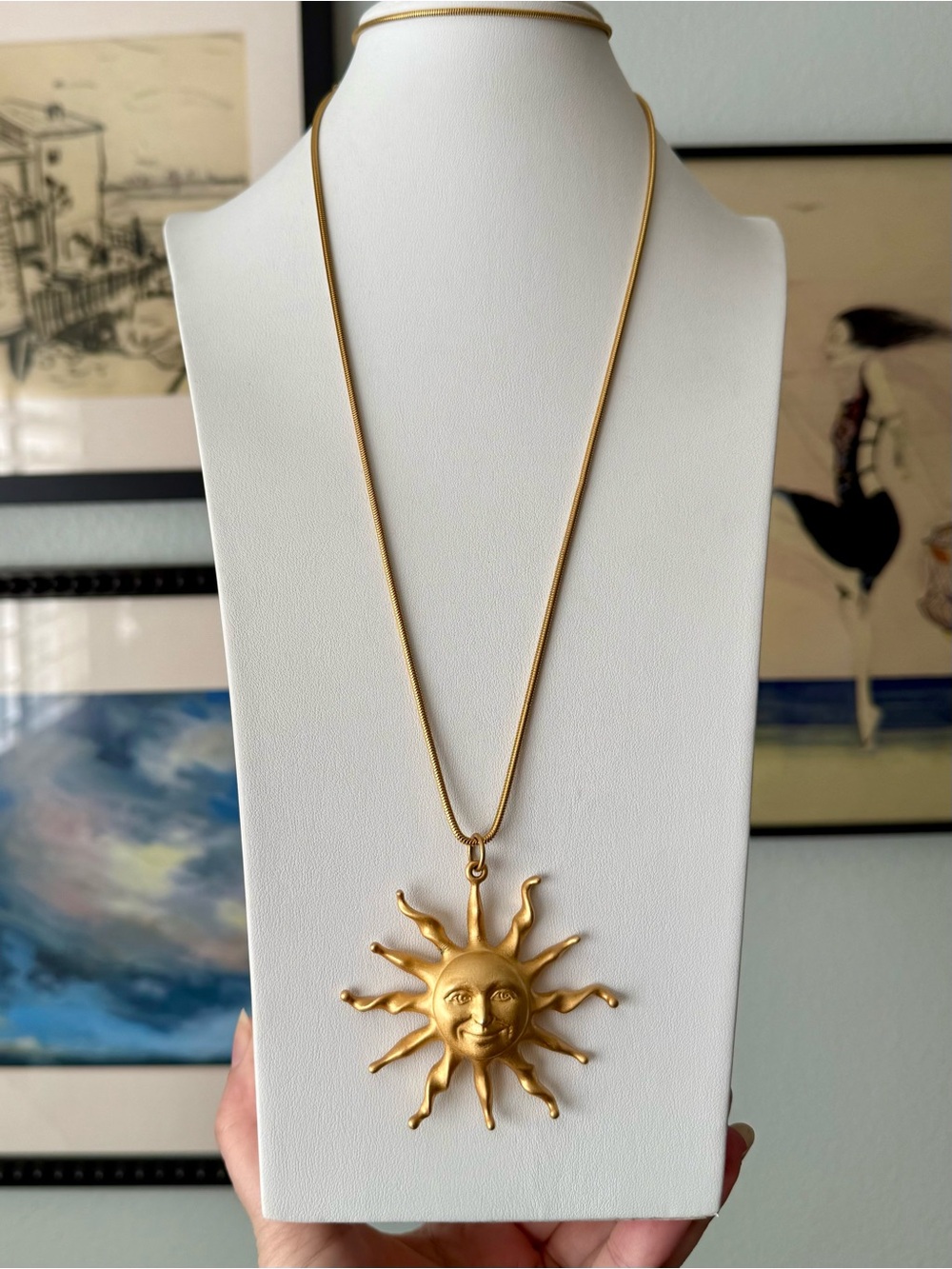 Vintage Anne Klein Matte Gold Tone Sun Pendant Necklace 1980s Celestial Designer